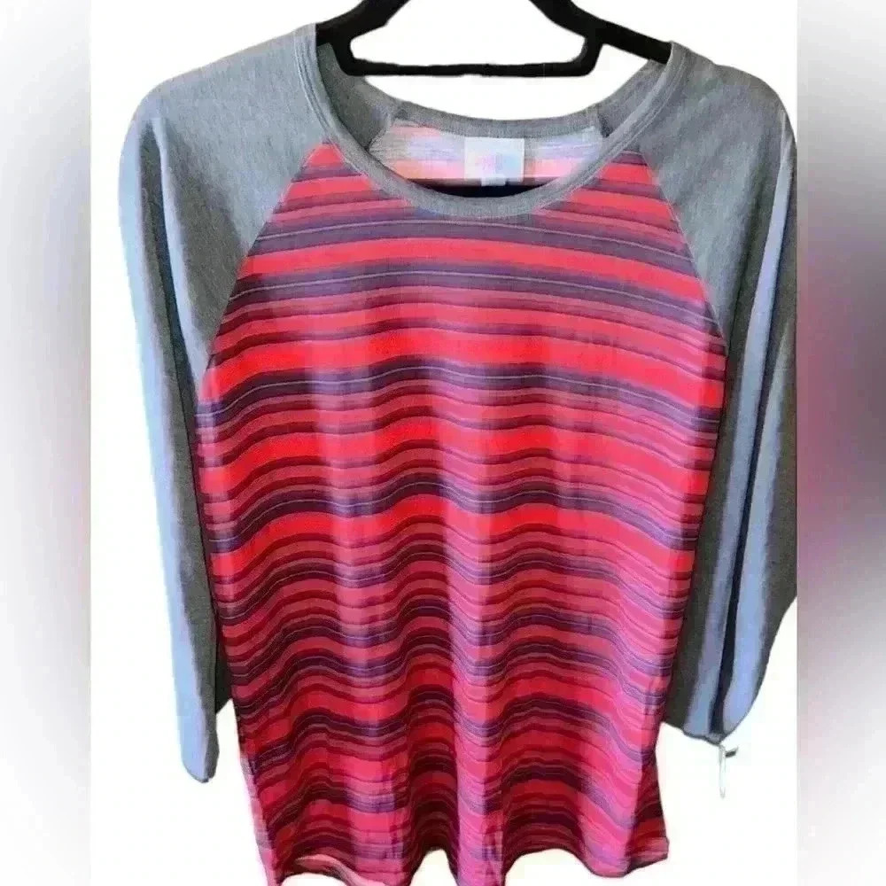 Lularoe 3x Randy Baseball T. Red & Blue Stripe With Grey Raglan Sleeves. Nwt.